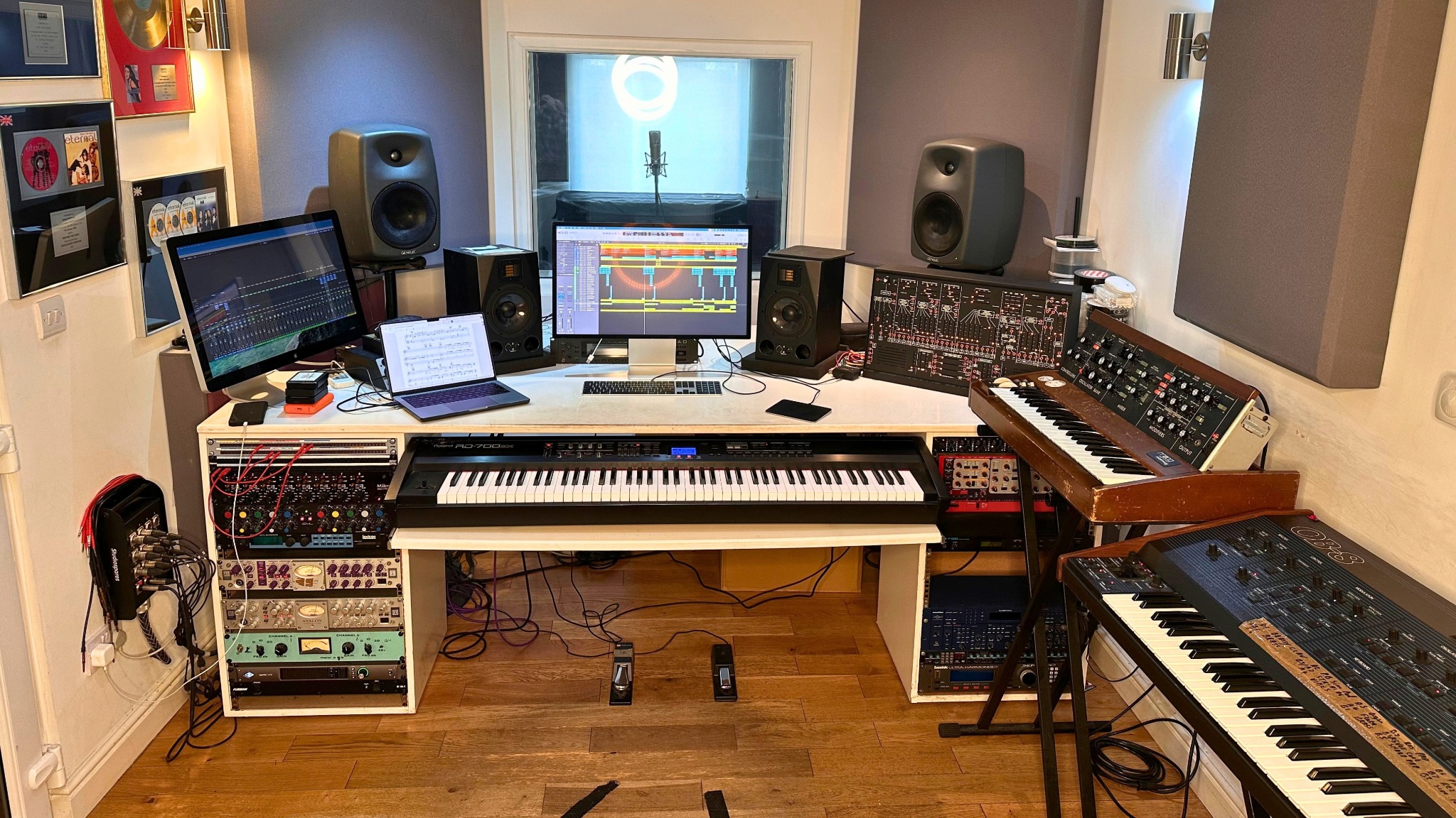 Greystoke Studio control room, recording desk and vintage synthesizers