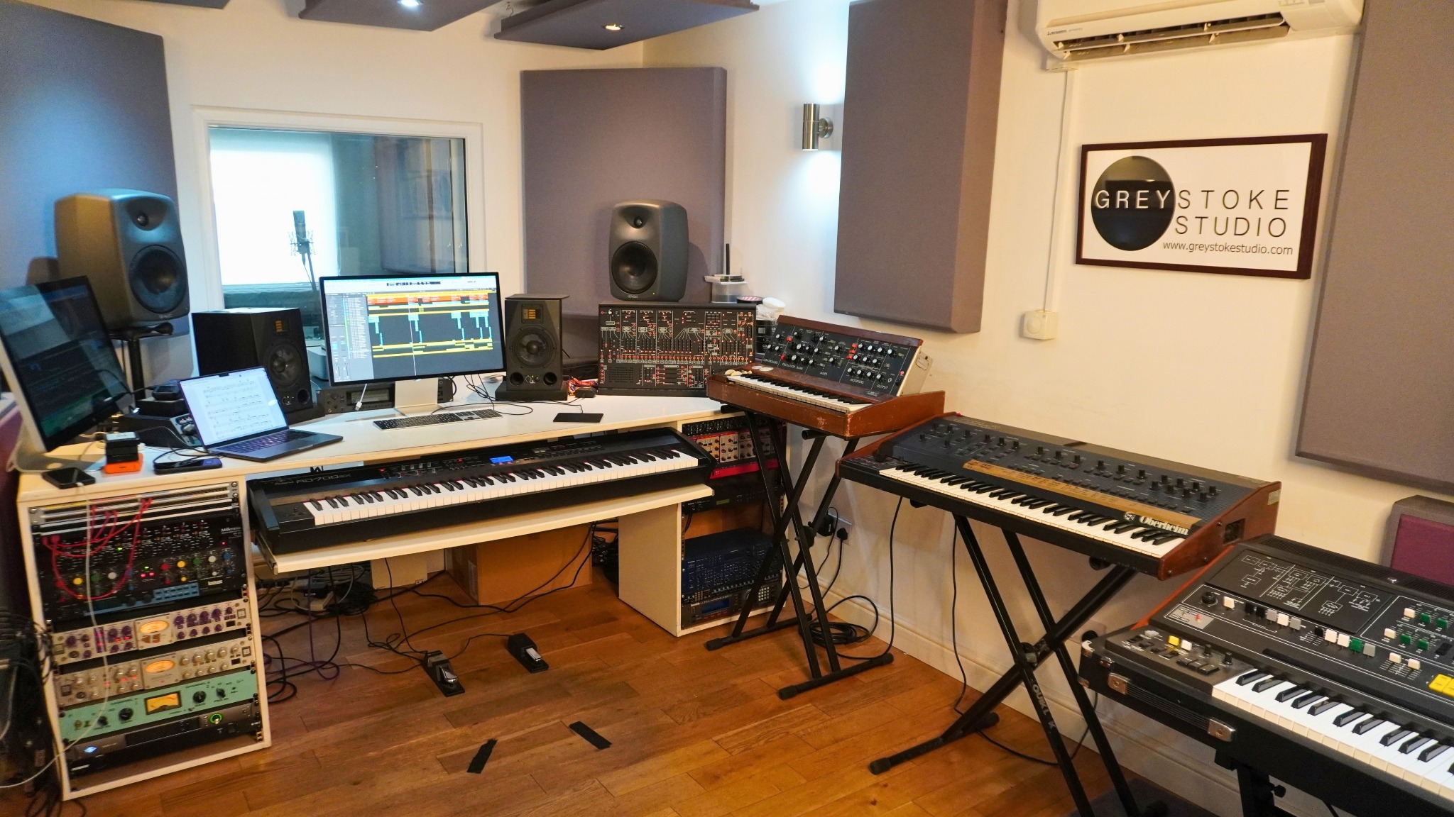 Greystoke Studio control room with vintage synthesizers