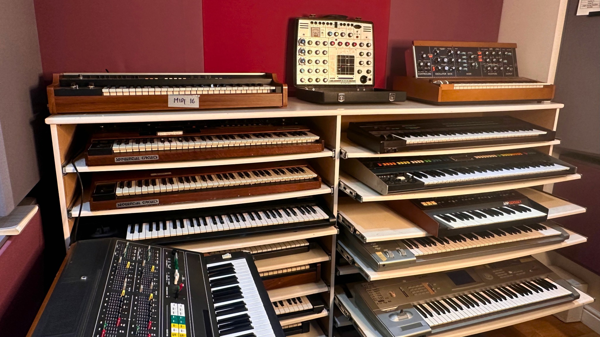 Vintage synthesizers at Greystoke Studio including the EMS Synthi and Minimoog