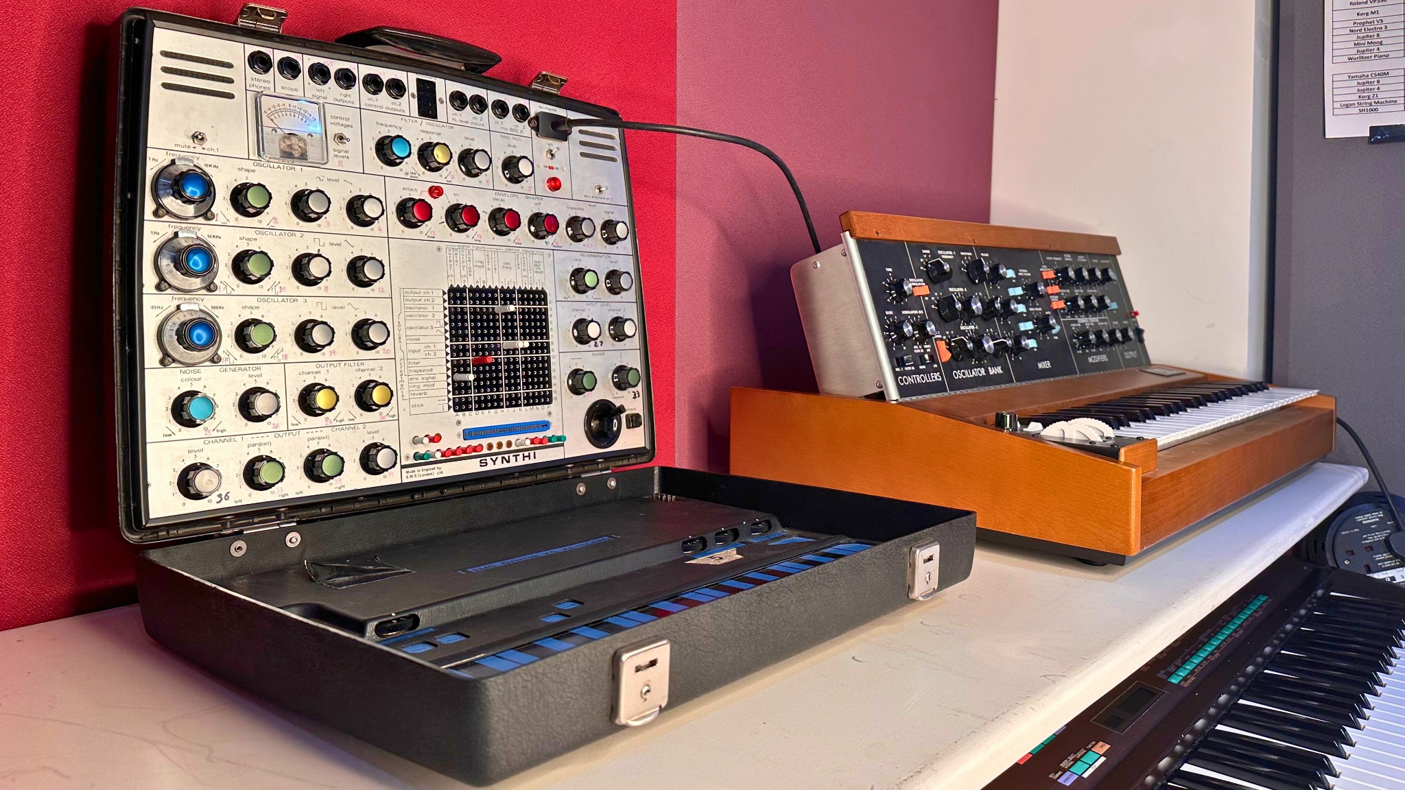 EMS Synthi AKS beside the Minimoog at Greystoke Studio